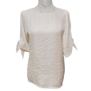 Vilagallo Cream Crinkle Cold Shoulder Tie Sleeve Shimmer Blouse Large Relaxed